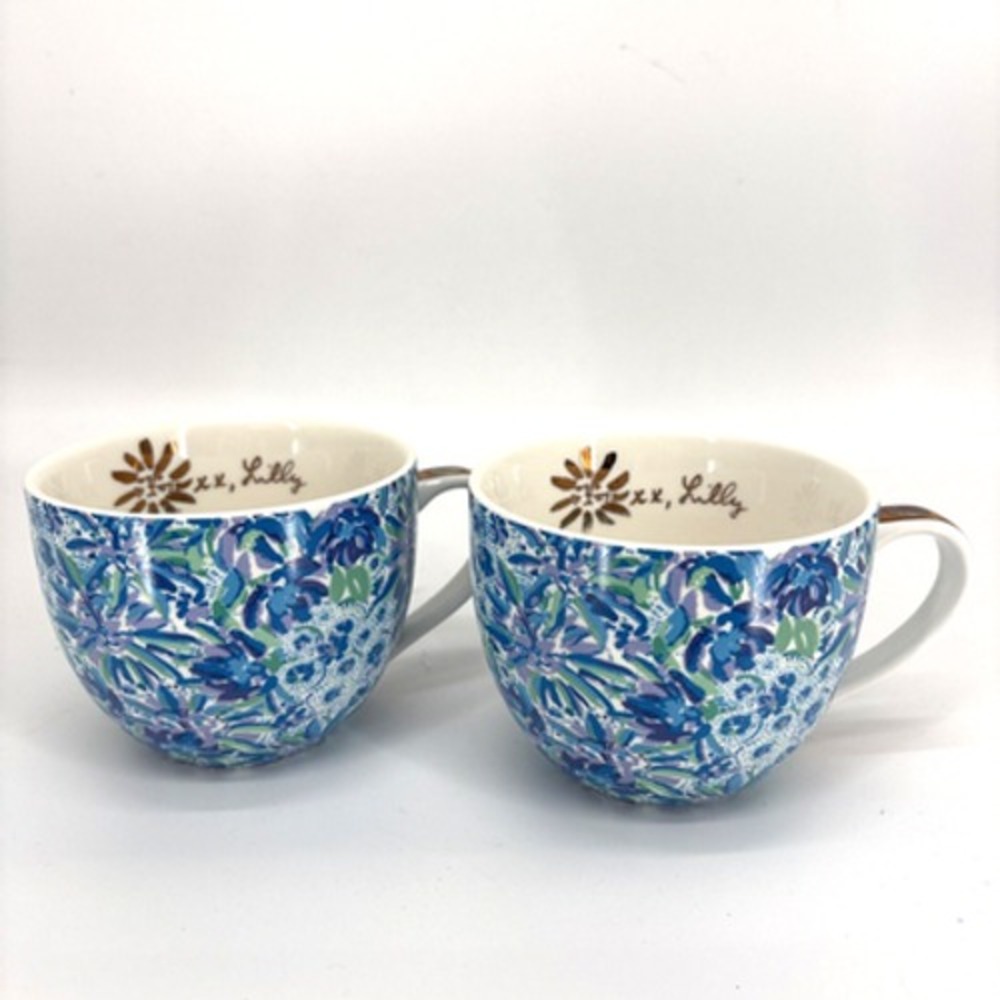 Lilly Pulitzer Mugs Set 2 Blue Floral Gold White Coffee Tea Cups 12oz Ceramic